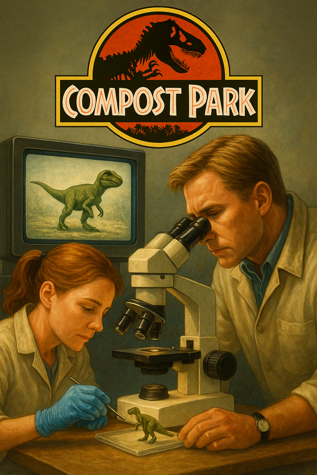 Two scientists look through a microscope at dinosaurs. A paradox metaphor to make microbes more visible.
